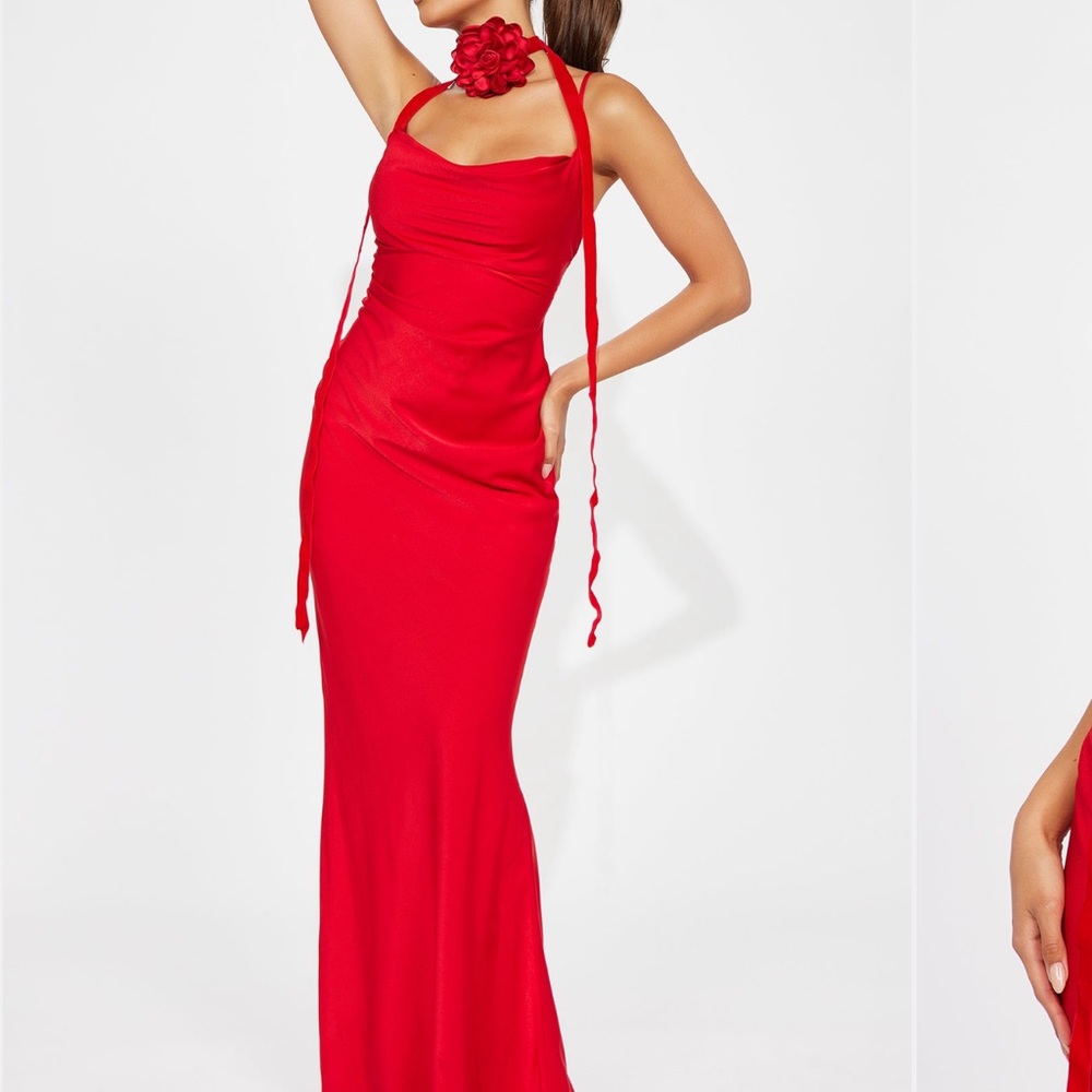 Fashion Nova Red Halter Maxi Dress with flower choker